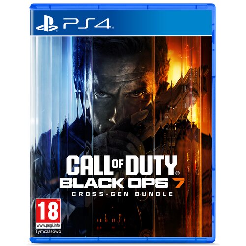 Okładka gry "Call of Duty: Black Ops 7" na PS4 z napisem "Cross-Gen Bundle" oraz oznaczeniem wiekowym 18+ i logo PEGI. Tło okładki jest podzielone na dwie części: niebieską i pomarańczową, z widoczną postacią trzymającą broń.