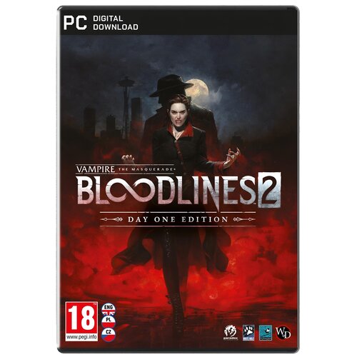 Okładka gry "Vampire: The Masquerade – Bloodlines 2 Day One Edition Gra PC" przedstawia postać w ciemnym stroju na tle miasta z pełnią księżyca, z napisem "PC DIGITAL DOWNLOAD" u góry. Na dole widnieje oznaczenie wiekowe 18+ oraz logotypy producentów i ję