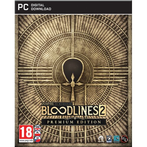 Okładka gry "Vampire: The Masquerade – Bloodlines 2 Premium Edition" na PC z napisem "DIGITAL DOWNLOAD" u góry, przedstawia stylizowany, złoty wzór na ciemnym tle. W dolnej części widoczne są logotypy PEGI 18, języków ENG, PL, CZ oraz logo producenta.
