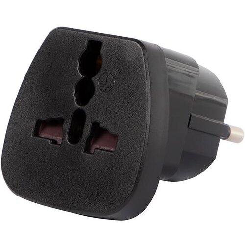 Czarny adapter podróżny z trzema różnymi gniazdami wejściowymi na przedniej części, umożliwiający podłączenie wtyczek z różnych krajów. Na powierzchni widoczne jest subtelne logo producenta.