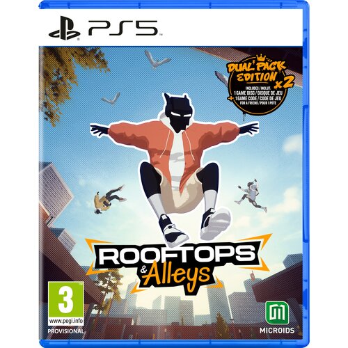 Okładka gry "Rooftops & Alleys: Dual Pack Edition" na PS5 przedstawia postać w skoku na tle miejskiego krajobrazu z wieżowcami i ptakami na niebie. Na okładce widnieje napis "Dual Pack Edition x2" oraz logo "MICROIDS", a w dolnym rogu znajduje się oznacze