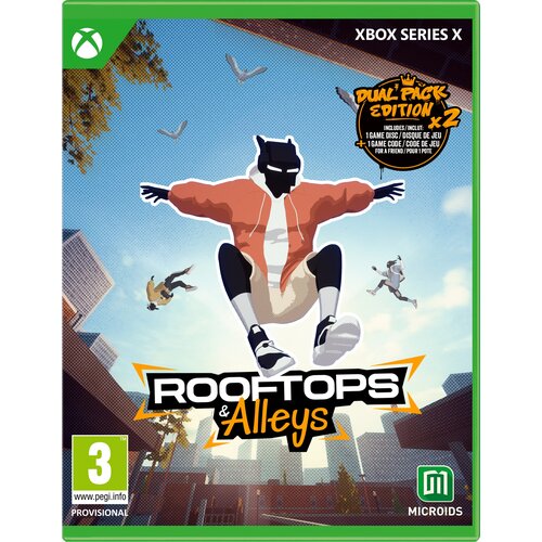 Okładka gry "Rooftops & Alleys: Dual Pack Edition" na Xbox Series X przedstawia postać w skoku na tle miejskiego krajobrazu z ptakami w locie. Widoczne są napisy: "Dual Pack Edition x2", "Includes/Inclut: 1 Game Disc/Disque de Jeu + 1 Game Code/Code de Je
