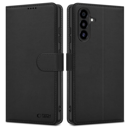 Czarne etui TECH-PROTECT Quantum Folio do Samsung Galaxy A26/A17 4G/A17 5G, widoczne z przodu i z tyłu, z trzema otworami na aparat oraz logo "TECH PROTECT" w dolnym rogu. Etui posiada zapięcie na magnes i precyzyjne wycięcia na przyciski oraz porty.