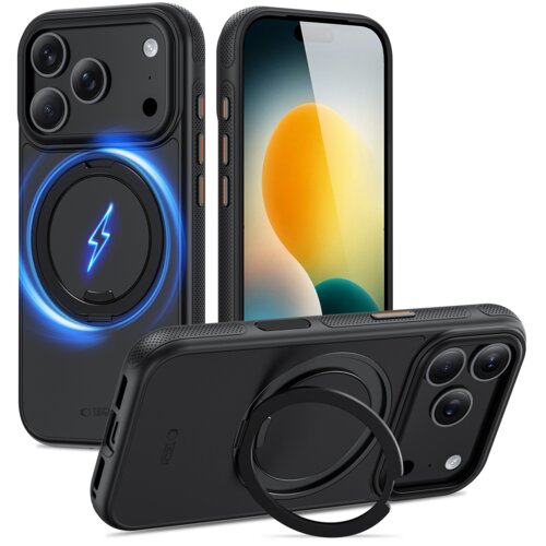 Na zdjęciu widoczne są trzy czarne etui na telefon z okrągłym uchwytem i wycięciami na aparat oraz przyciski. Na jednym z etui znajduje się niebieski symbol błyskawicy, a na dwóch widoczne jest logo "TECH-PROTECT".