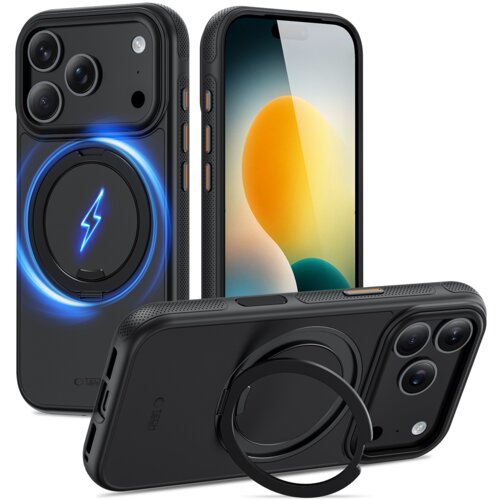 Na zdjęciu widoczne jest czarne etui TECH-PROTECT Quantum Standlock MagSafe do Apple iPhone 17 Pro Max, z trzema aparatami i okrągłym uchwytem na tylnej części. Na etui znajduje się logo "TECH-PROTECT" oraz symbol błyskawicy otoczony niebieskim okręgiem.