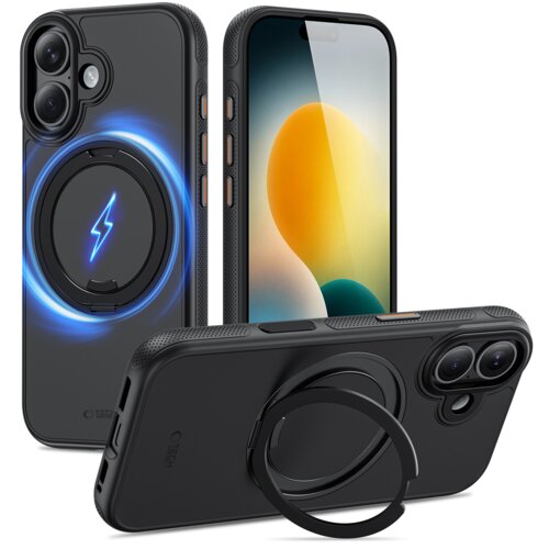 Czarne etui TECH-PROTECT Quantum Standlock MagSafe do Apple iPhone 17 z widocznym okrągłym uchwytem i podświetlanym symbolem błyskawicy. Na etui znajduje się logo "TECH-PROTECT".