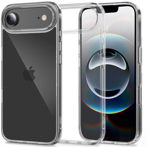 Przezroczyste etui TECH-PROTECT Flexair Hybrid do Apple iPhone 17 Air jest pokazane z przodu i z tyłu, z widocznym logo producenta na dolnej krawędzi. Na ekranie telefonu widoczny jest abstrakcyjny wzór z kolorowymi okręgami.