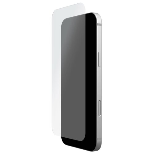 Na zdjęciu widoczny jest smartfon z nałożonym szkłem hartowanym, które jest lekko uniesione nad ekranem urządzenia. Szkło jest przezroczyste, a telefon ma metaliczną ramkę i widoczne przyciski boczne.