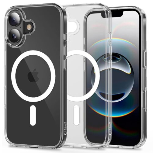 Przezroczyste etui na telefon z widocznym białym okręgiem i pionową linią, przeznaczone do modelu Apple iPhone 17, z logo TECH-PROTECT na dolnej części. Etui jest pokazane na tle telefonu z wyświetlaczem prezentującym abstrakcyjny wzór.