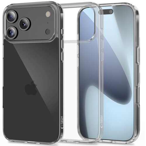 Przezroczyste etui TECH-PROTECT Flexair Hybrid do Apple iPhone 17 Pro Max, ukazane z przodu i z tyłu, z widocznymi wycięciami na aparat i przyciski. Na etui znajduje się napis "TECH".