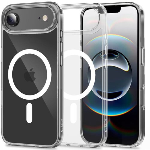 Przezroczyste etui TECH-PROTECT Flexair Hybrid MagSafe do Apple iPhone 17 Air, z widocznym białym okręgiem na tylnej części, prezentowane na tle telefonu. Na etui znajduje się napis "TECH-PROTECT".