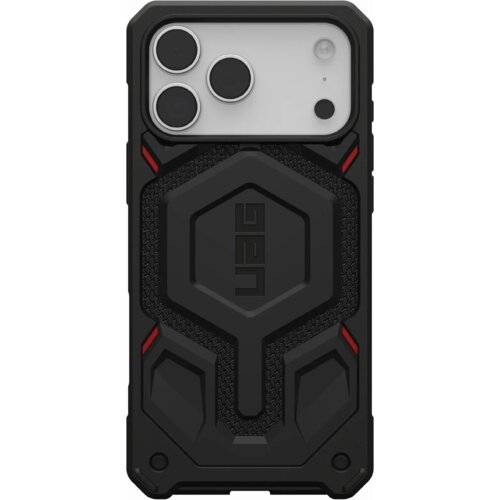 Czarne etui ochronne z wyraźnym, geometrycznym wzorem i teksturą, z widocznym logo "UAG" na środku. Etui posiada wycięcia na aparat i inne elementy telefonu, a także czerwone akcenty w rogach.