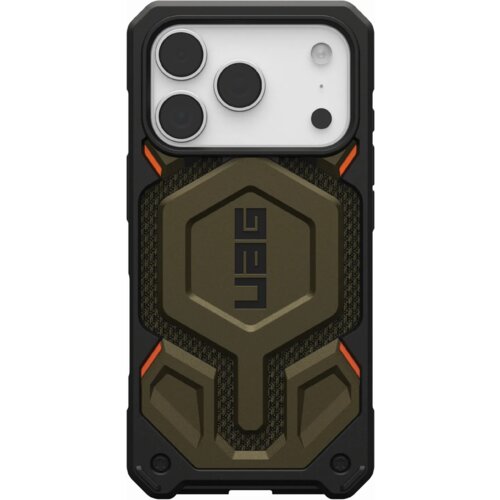 Etui UAG Monarch Pro MagSafe do Apple iPhone 17 Pro w kolorze czarno-zielonym z widocznym logo "UAG" na środku, posiada teksturowaną powierzchnię i wzmocnione narożniki. W górnej części widoczne są wycięcia na trzy obiektywy aparatu i lampę błyskową.