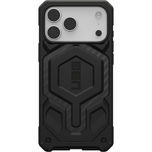 Czarne etui z wyraźnym wzorem geometrycznym i teksturą z włókna węglowego, z widocznym logo "UAG" na środku. W górnej części etui znajduje się wycięcie na aparat z trzema obiektywami i lampą błyskową.