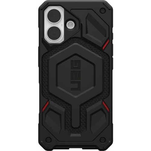 Czarne etui ochronne z wyraźnym, geometrycznym wzorem i czerwonymi akcentami, posiada logo "UAG" w centralnej części. Etui jest zaprojektowane do telefonu z dwoma dużymi obiektywami aparatu i mniejszym otworem na lampę błyskową.