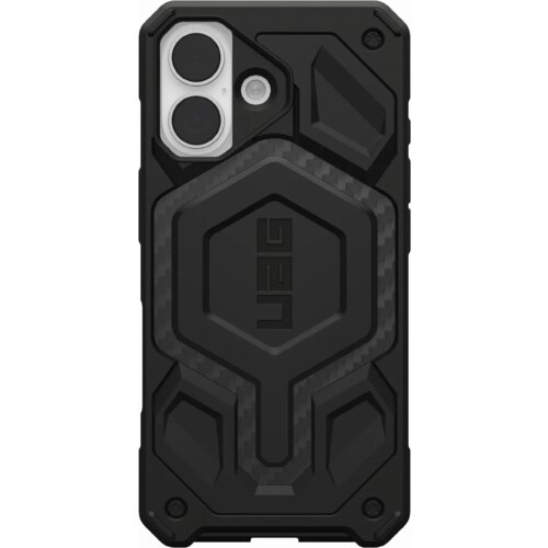 Czarne etui ochronne z wyraźnym wzorem geometrycznym i teksturą z włókna węglowego, przeznaczone do telefonu Apple iPhone 17. Na środku etui znajduje się logo "UAG".