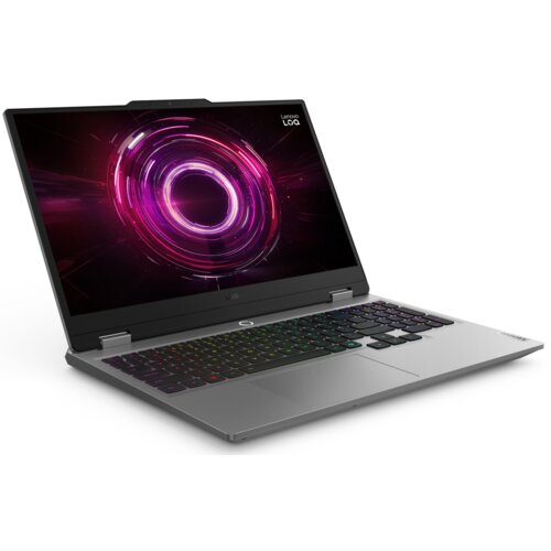 Laptop z otwartym ekranem wyświetlającym abstrakcyjną grafikę w odcieniach różu i fioletu, z widocznym logo "Lenovo LOQ" w rogu. Klawiatura jest podświetlana w różnych kolorach, a obudowa ma metaliczny wygląd.