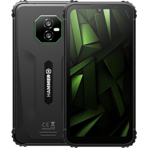 Smartfon w kolorze czarno-zielonym z widocznym logo "HAMMER" na tylnej obudowie, posiada podwójny aparat fotograficzny oraz ekran z geometrycznym, zielonym wzorem. Na dole tylnej obudowy znajdują się oznaczenia CE i informacja "Manufactured in P.R.C.".