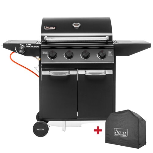 Czarny grill gazowy z czterema pokrętłami i dwoma drzwiczkami, z widocznym logo "ACTIVA Mastercook" oraz napisem "SAN FRANCISCO". Obok grilla znajduje się pokrowiec z logo "ACTIVA Mastercook" i czerwonym znakiem plus.