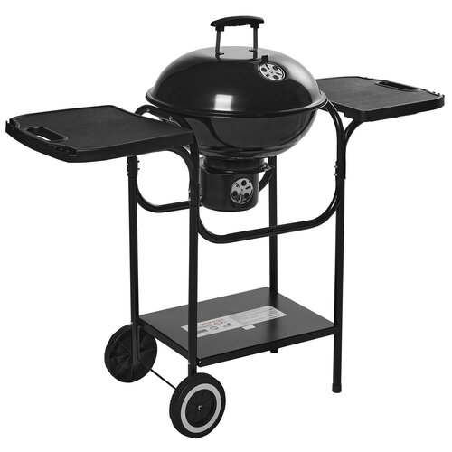 Czarny grill węglowy na kółkach z okrągłą pokrywą i dwoma bocznymi półkami, posiada dolną półkę z widoczną etykietą. Na pokrywie znajduje się okrągły otwór wentylacyjny.