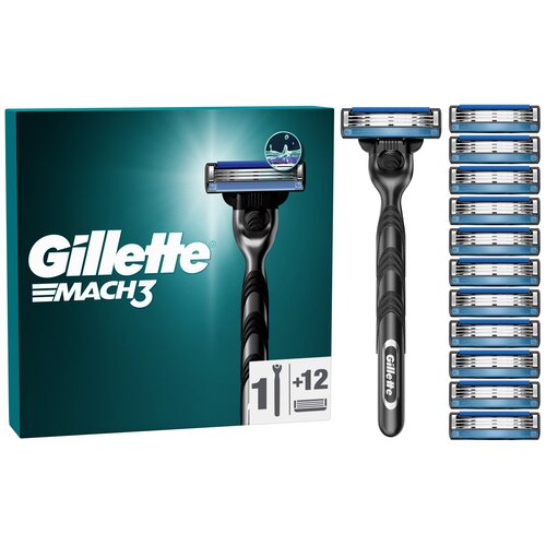 Na zdjęciu znajduje się opakowanie z napisem "Gillette Mach3" oraz czarna golarka z logo "Gillette" na rączce, obok której widocznych jest 12 wymiennych ostrzy. Na opakowaniu znajduje się również symbol golarki z oznaczeniem "1 + 12".