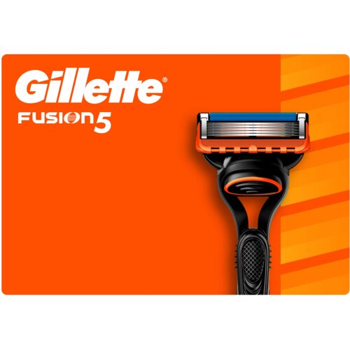 Pomarańczowe tło z widoczną golarką z czarną rączką i pomarańczowymi akcentami, obok której znajduje się biały napis "Gillette Fusion5".