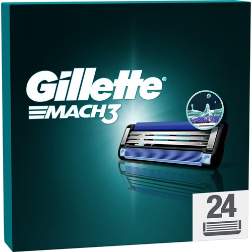 Na zdjęciu widoczny jest opakowanie wkładów do maszynki do golenia z napisem "Gillette Mach3" oraz ilustracją przedstawiającą wkład z trzema ostrzami. W dolnym rogu znajduje się liczba "24" oraz ikona symbolizująca wkłady.