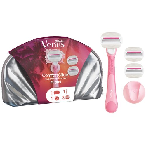 Zestaw do golenia składający się z różowej maszynki, trzech wymiennych ostrzy oraz różowego uchwytu, obok srebrnej kosmetyczki z napisem "Gillette Venus ComfortGlide Sugarberry Scented Miami". Na opakowaniu widoczne są ikony przedstawiające ilość elementó