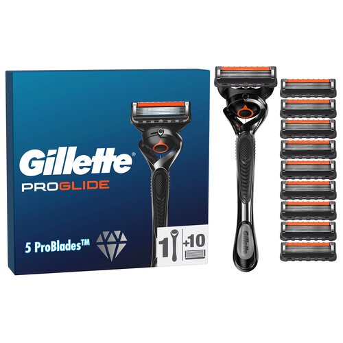Na zdjęciu znajduje się opakowanie z napisem "Gillette ProGlide" oraz grafika przedstawiająca golarkę i symbol diamentu z tekstem "5 ProBlades™". Obok opakowania widoczna jest golarka oraz dziesięć wymiennych ostrzy ułożonych w rzędzie.