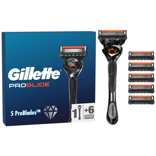Pudełko z napisem "Gillette ProGlide" oraz grafiką diamentu i tekstem "5 ProBlades™" obok czarnej golarki z pomarańczowymi elementami i sześcioma wymiennymi ostrzami. Na opakowaniu widnieje także symbol golarki z oznaczeniem "1 + 6".