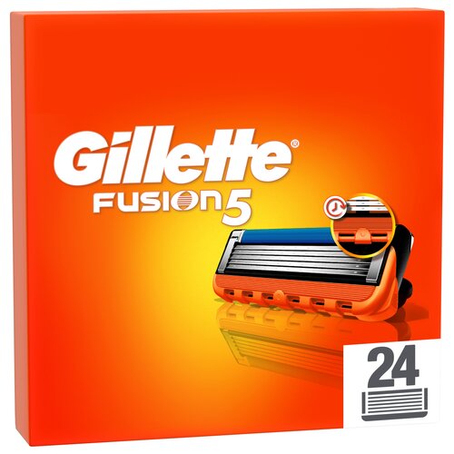 Pomarańczowe opakowanie z białym napisem "Gillette Fusion5" oraz obrazkiem wkładu do maszynki do golenia. W prawym dolnym rogu znajduje się liczba "24" z ikoną przedstawiającą wkład.