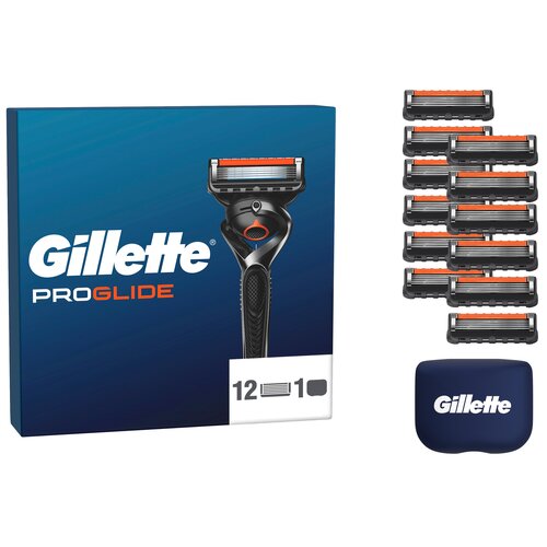 Na zdjęciu widoczny jest niebieski karton z napisem "Gillette ProGlide" oraz grafiką maszynki do golenia, obok znajduje się dwanaście wkładów do maszynki i etui z napisem "Gillette". W dolnej części kartonu widnieje oznaczenie "12 1".