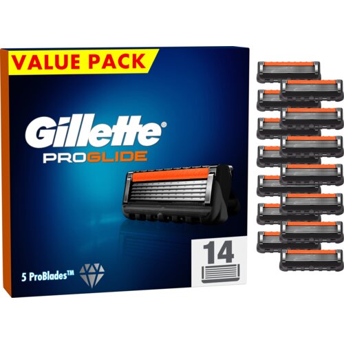Opakowanie wkładów do maszynki do golenia z napisem "Gillette ProGlide" oraz "VALUE PACK" na żółtym tle, zawierające 14 sztuk wkładów. Na dole opakowania widnieje napis "5 ProBlades" oraz symbol diamentu.