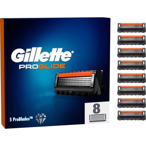 Opakowanie wkładów do maszynki do golenia z napisem "Gillette PROGLIDE" na niebieskim tle, z widocznym dużym wkładem i oznaczeniem "8" w dolnym rogu. Po prawej stronie znajduje się osiem pojedynczych wkładów ułożonych pionowo.