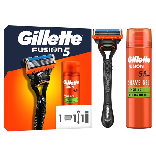 Opakowanie zawiera golarkę i żel do golenia marki Gillette Fusion5. Na opakowaniu widnieje napis: "Gillette Fusion5", a na żelu: "Gillette Fusion 5X Action Shave Gel Sensitive with Almond Oil".