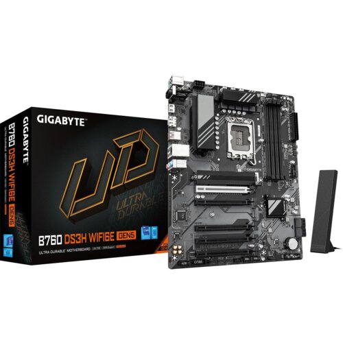 Płyta główna GIGABYTE B760 DS3H WiFi6E Gen5 jest przedstawiona obok pudełka z napisem "GIGABYTE UD ULTRA DURABLE B760 DS3H WIFI6E GEN5 ULTRA DURABLE MOTHERBOARD". Na pudełku widoczne są także logotypy Intel i inne oznaczenia techniczne.