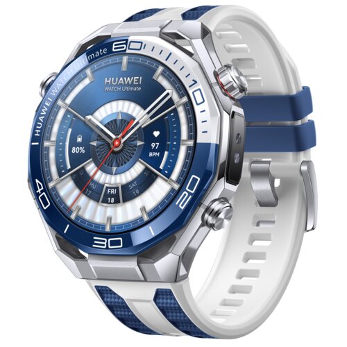 Srebrno-niebieski smartwatch z okrągłą tarczą, na której widnieje napis "HUAWEI WATCH Ultimate". Na tarczy widoczne są wskaźniki: poziom naładowania 80%, tętno 97 BPM oraz dni tygodnia z datą "FRI 18".