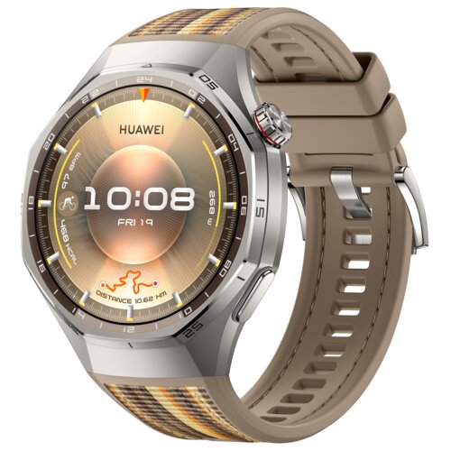 Smartwatch z okrągłą tarczą wyświetla godzinę 10:08, datę "FRI 19" oraz informacje o aktywności fizycznej, takie jak "DISTANCE 10.62 KM" i "468 KCAL". Na tarczy widnieje logo "HUAWEI", a pasek zegarka jest w kolorze srebrno-brązowym z wzorem.