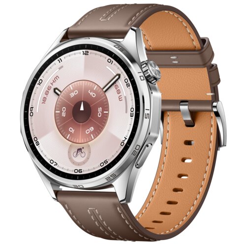 Brązowy smartwatch z okrągłą tarczą, na której widoczne są cyfry i oznaczenia takie jak "18.86 km" oraz "m89". Pasek zegarka jest wykonany z brązowego materiału z jasnymi przeszyciami.