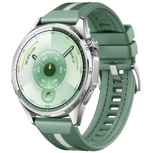Zielony smartwatch z okrągłą tarczą, na której widoczne są cyfry i wskaźniki w odcieniach zieleni oraz srebrna koperta. Pasek zegarka jest zielony z białymi akcentami, a na tarczy znajduje się ikona roweru.