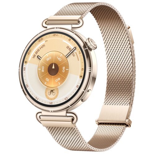 Złoty smartwatch z okrągłą tarczą, na której widoczne są cyfry oraz oznaczenia godzin i minut. Pasek zegarka ma metalową siateczkową strukturę.