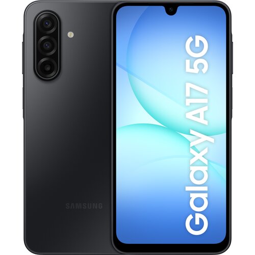 Czarny smartfon z trzema aparatami z tyłu i ekranem wyświetlającym napis "Galaxy A17 5G" na niebieskim tle. Na obudowie widoczne jest logo "SAMSUNG".