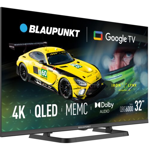 Telewizor BLAUPUNKT 32QBG6000S 32" QLED Google TV z wyświetlonym obrazem samochodu wyścigowego i napisami: "4K", "QLED", "MEMC", "Dolby Audio", "Series QBG6000", "32”". Widoczne logo BLAUPUNKT i Google TV.