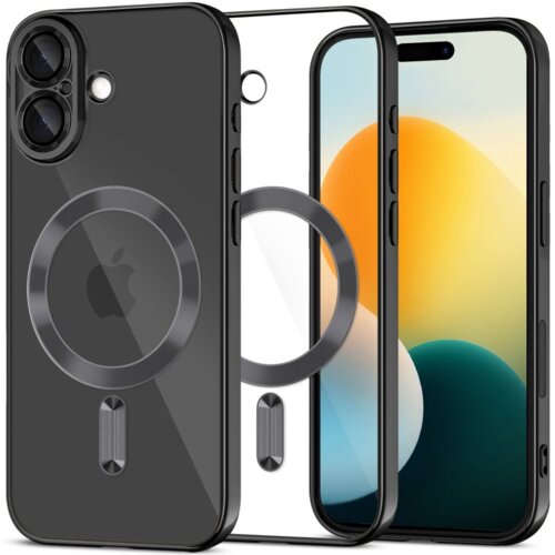 Na zdjęciu widoczne jest czarne etui TECH-PROTECT Magflex MagSafe do Apple iPhone 17, które ma przezroczysty tył z okrągłym wzorem na środku. Obok etui znajduje się iPhone z wyświetlaczem pokazującym gradientowe tło w odcieniach żółci i zieleni.
