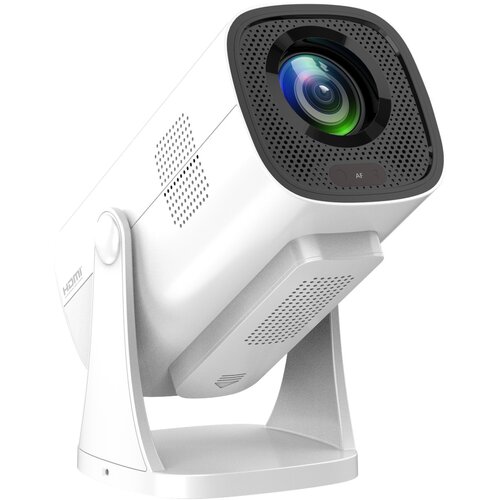 Biały projektor z widocznym obiektywem i perforacjami wentylacyjnymi, umieszczony na regulowanym uchwycie. Na obudowie znajduje się napis "HDMI".