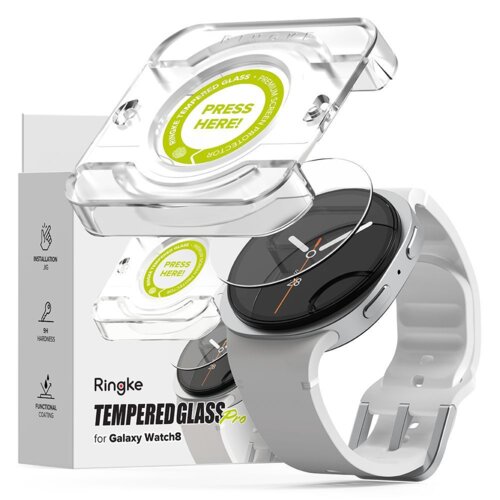 Opakowanie produktu "Szkło hartowane RINGKE Tempered Glass Pro Samsung Galaxy Watch 8 (40mm) (2 szt.)" z widocznym zegarkiem i przezroczystą osłoną z napisem "PRESS HERE!" na zielonym tle. Na opakowaniu znajdują się ikony z napisami: "INSTALLATION JIG", "