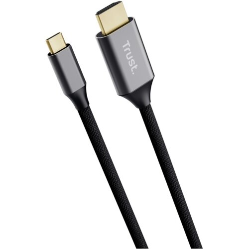 Na zdjęciu widoczny jest kabel z dwoma różnymi końcówkami: USB Typ-C i HDMI, z plecionym czarnym oplotem. Na wtyczce HDMI znajduje się napis "Trust".