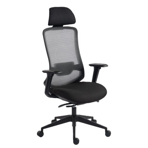 Czarny fotel biurowy z siatkowym oparciem, regulowanym zagłówkiem i podłokietnikami, osadzony na pięcioramiennej podstawie z kółkami. Produkt ma ergonomiczny kształt i nowoczesny design.