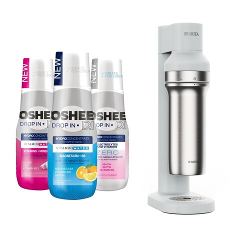 Saturator BRITA Sodatrio Biały + Hydrokoncentrat OSHEE Witaminy i minerały 500 ml + Hydrokoncentrat OSHEE Zero elektrolity i witaminy 500 ml + Hydrokoncentrat OSHEE Magnez + B6 Cytryna i  Pomarańcza 500 ml