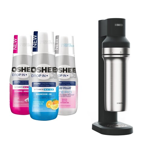 Saturator BRITA Sodatrio Czarny + Hydrokoncentrat OSHEE Witaminy i minerały 500 ml + Hydrokoncentrat OSHEE Zero elektrolity i witaminy 500 ml + Hydrokoncentrat OSHEE Magnez + B6 Cytryna i  Pomarańcza 500 ml